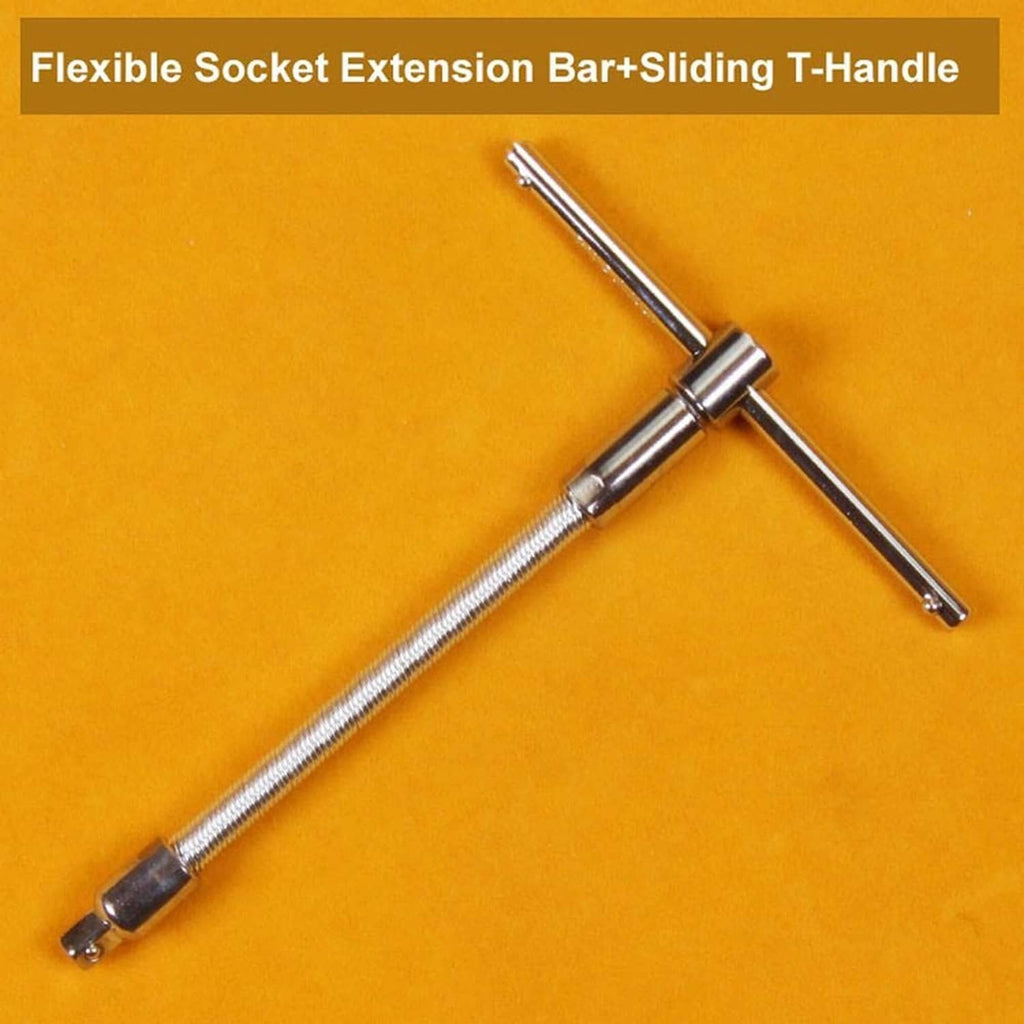 Flexible socket extension bar with sliding T-handle and chrome steel, black end grip