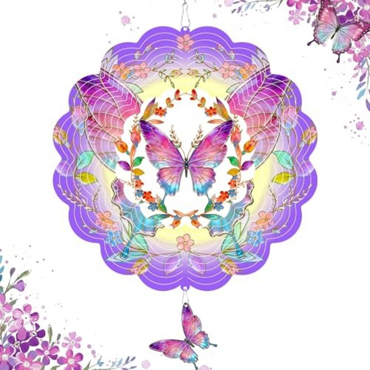 Purple 3D metal wind spinner disc with large butterfly center and multiple wing shapes