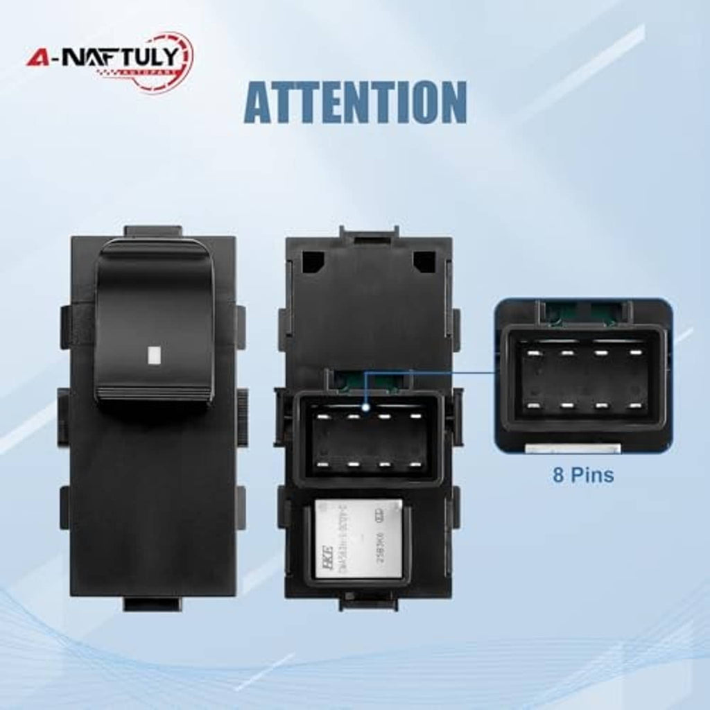 Power window switch module front and back views with black housing and pin sockets