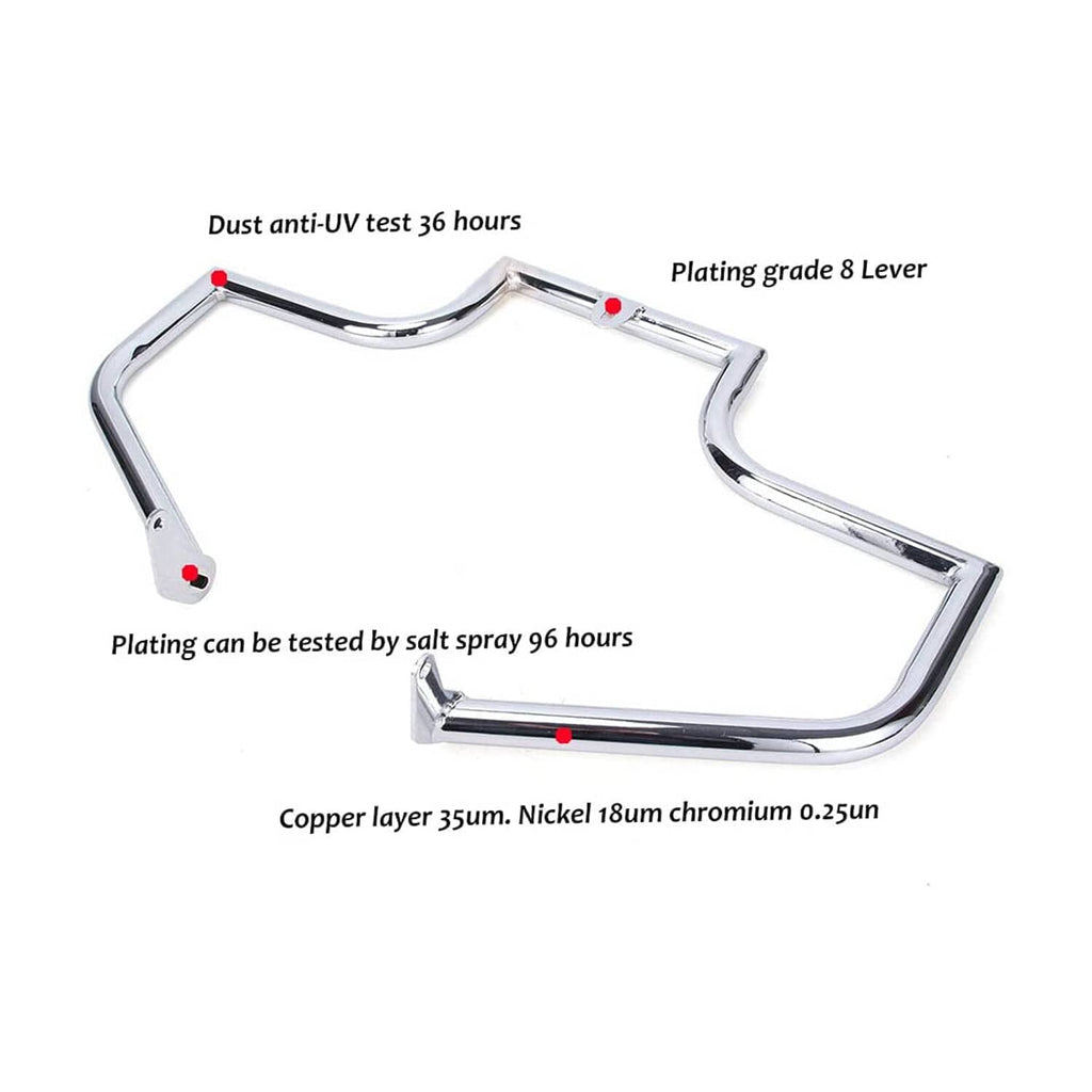 Chrome engine guard crash bar with protective coating and hardware detail points