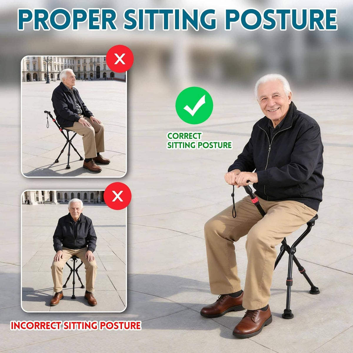 Folding cane chair supporting correct sitting posture, with adjustable seat and cane handle