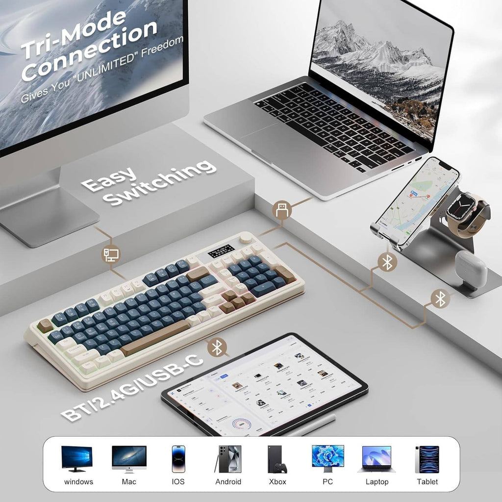 Wireless keyboard with tri-mode switching support, media knob, and RGB backlit keys