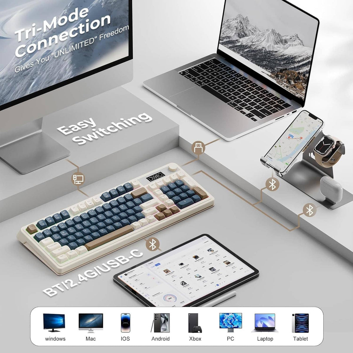 Wireless keyboard with tri-mode switching support, media knob, and RGB backlit keys