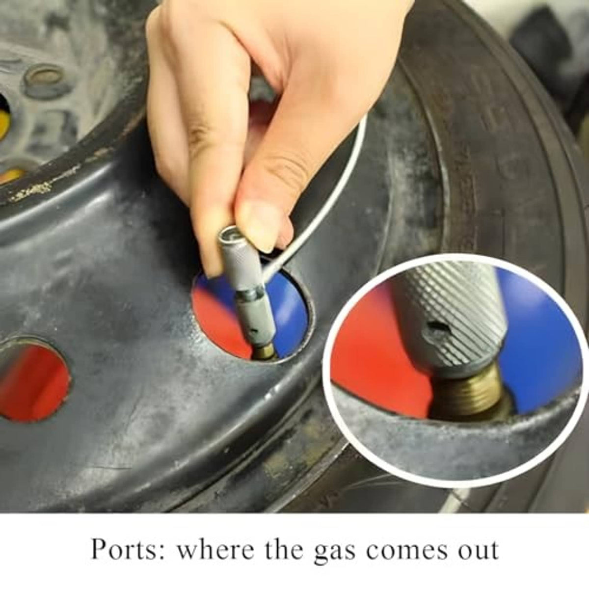 Tire valve stem puller tool used with hand, showing valve stem connection