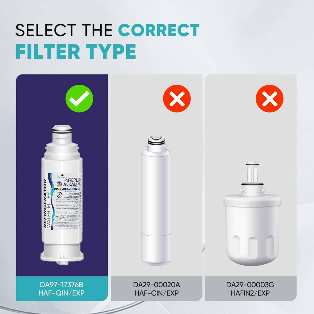 Three white replacement water filter cartridges shown for correct type matching