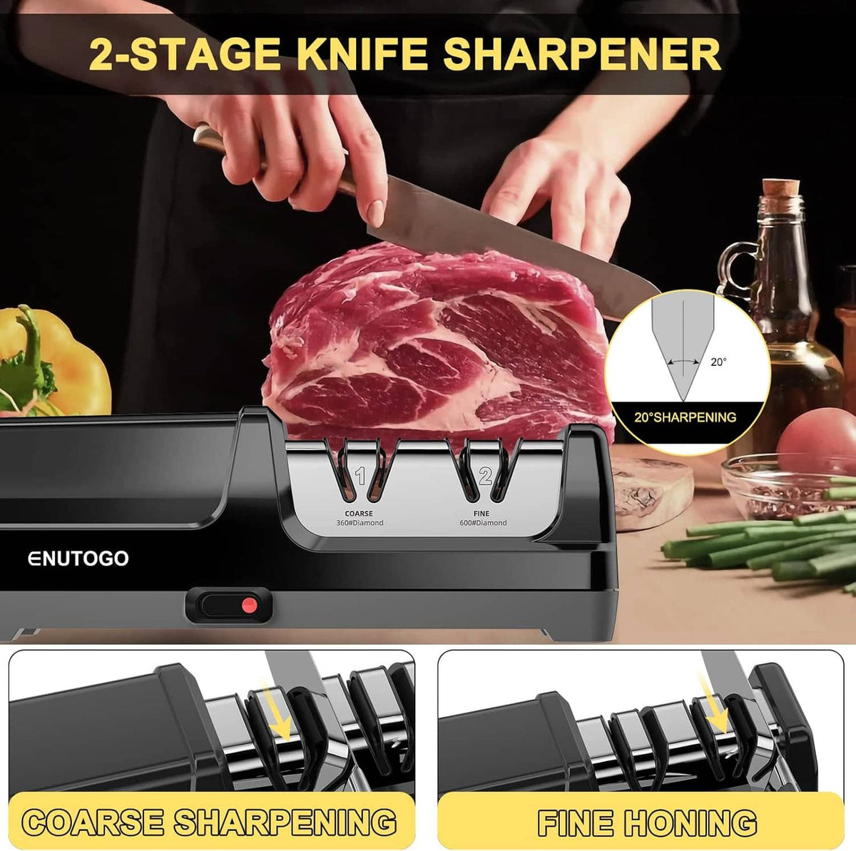 Black ENUTOGO 2-stage knife sharpener with coarse and fine sharpening channels