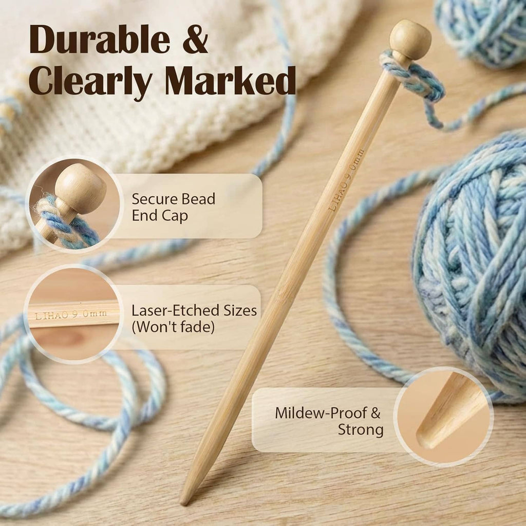 Bamboo knitting needles with laser-etched size markings, paired with blue yarn