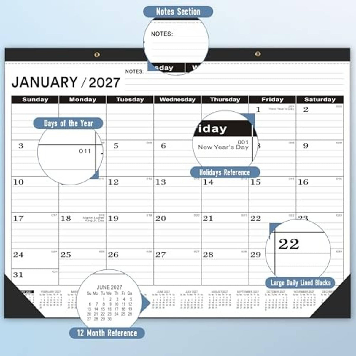 Desk calendar close-up with notes section, day-block circles, and month reference sections