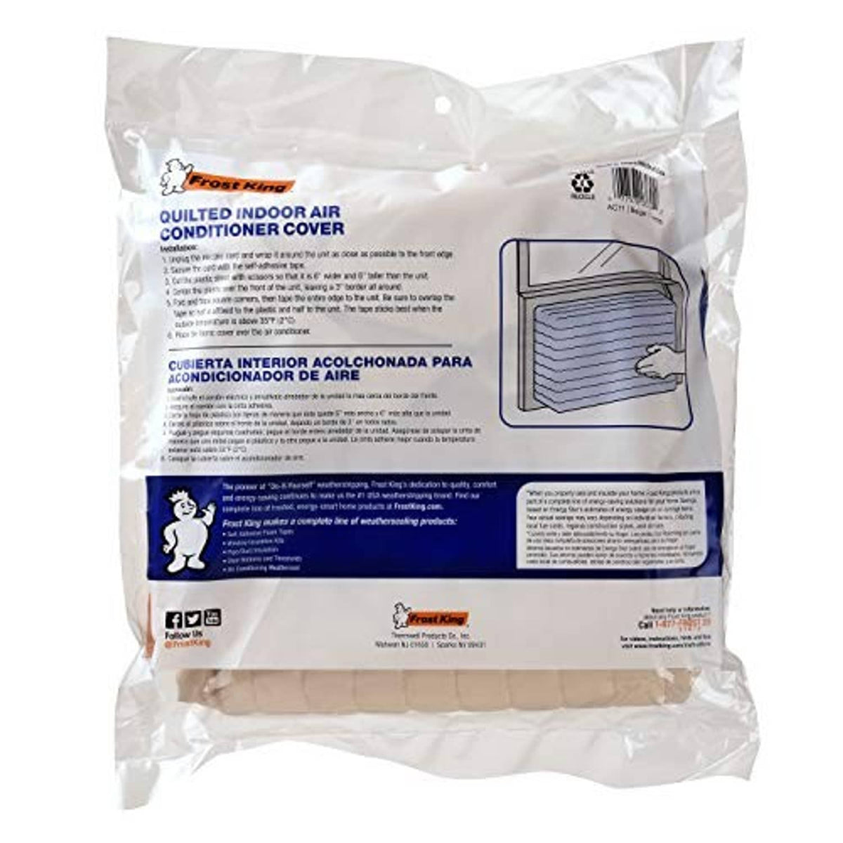 Beige quilted indoor air conditioner cover, back view in retail bag with diagram