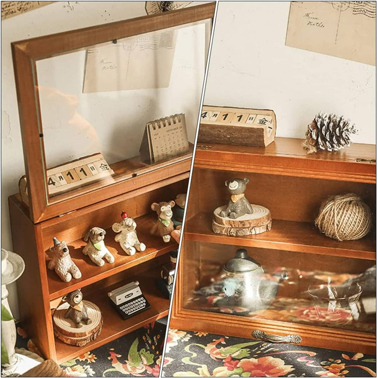 Wooden glass-front display case with shelves holding collectibles and decor items
