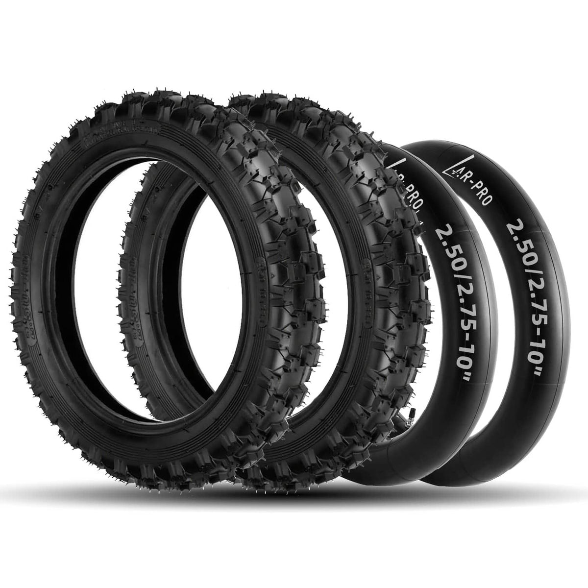 Off-road tire and inner tube set, black knobby tread tires with visible inner tubes