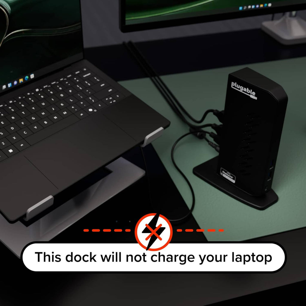 Black docking station connected to a laptop with USB cables on a desktop