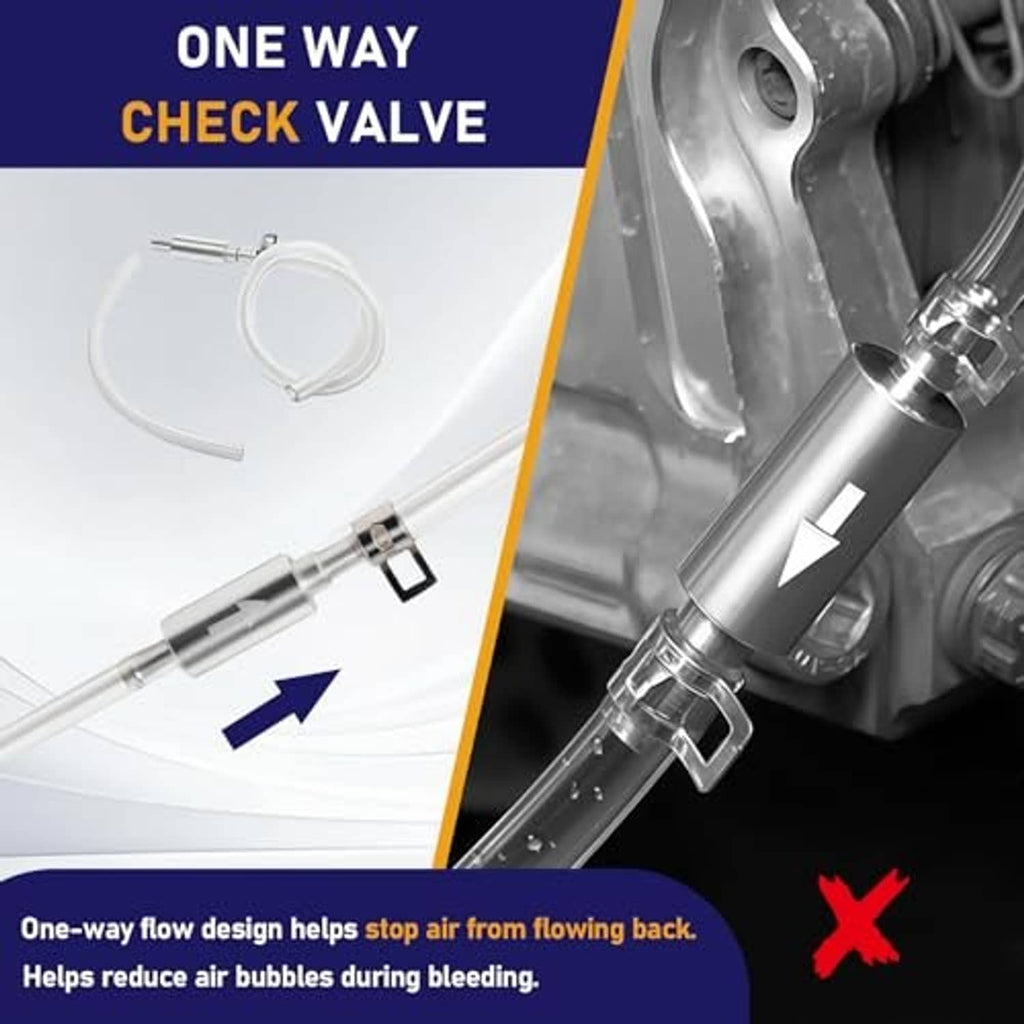 Brake bleeder hose with one-way check valve and white tubing, shown with metal connector