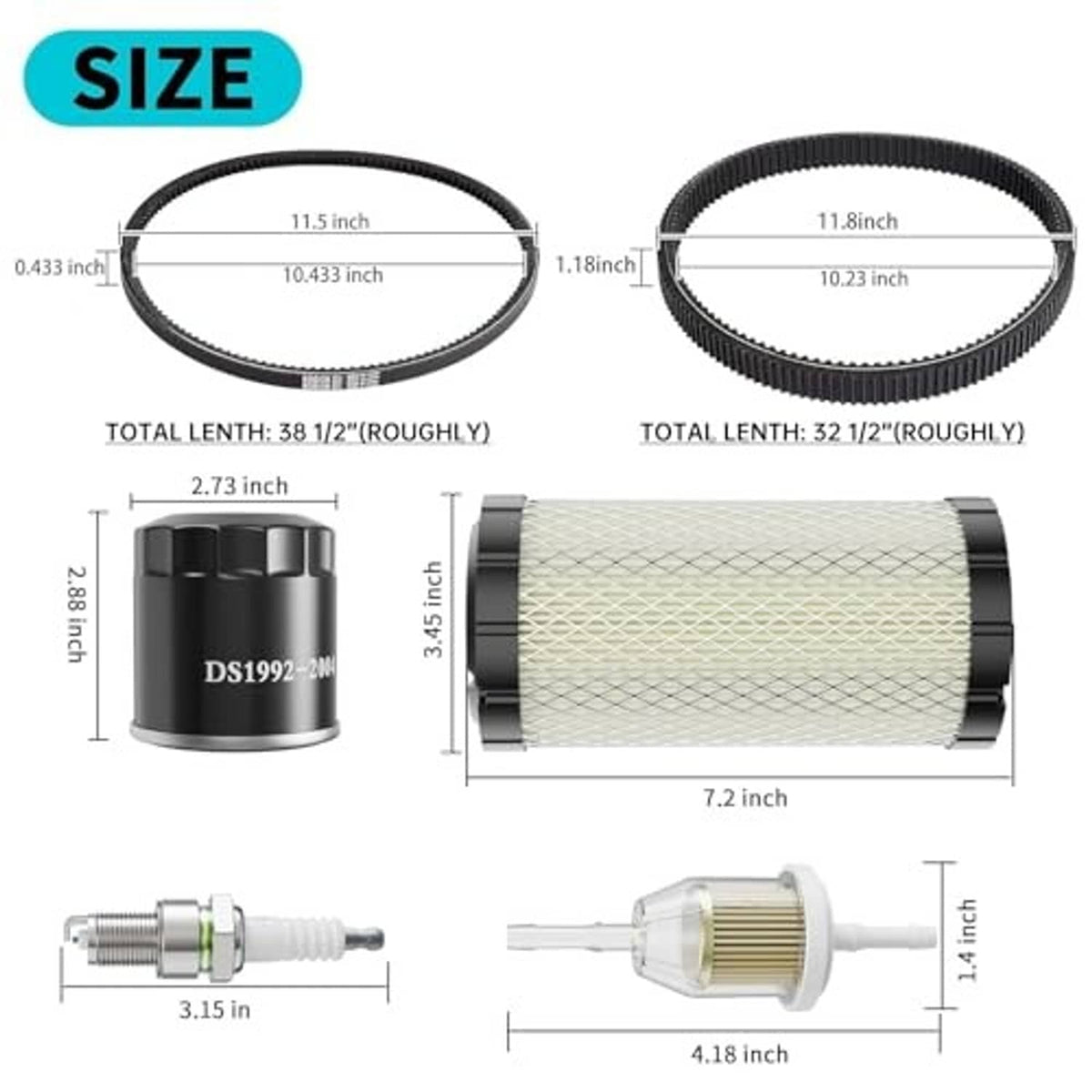 Golf cart drive belt kit with labeled belt and filter dimensions