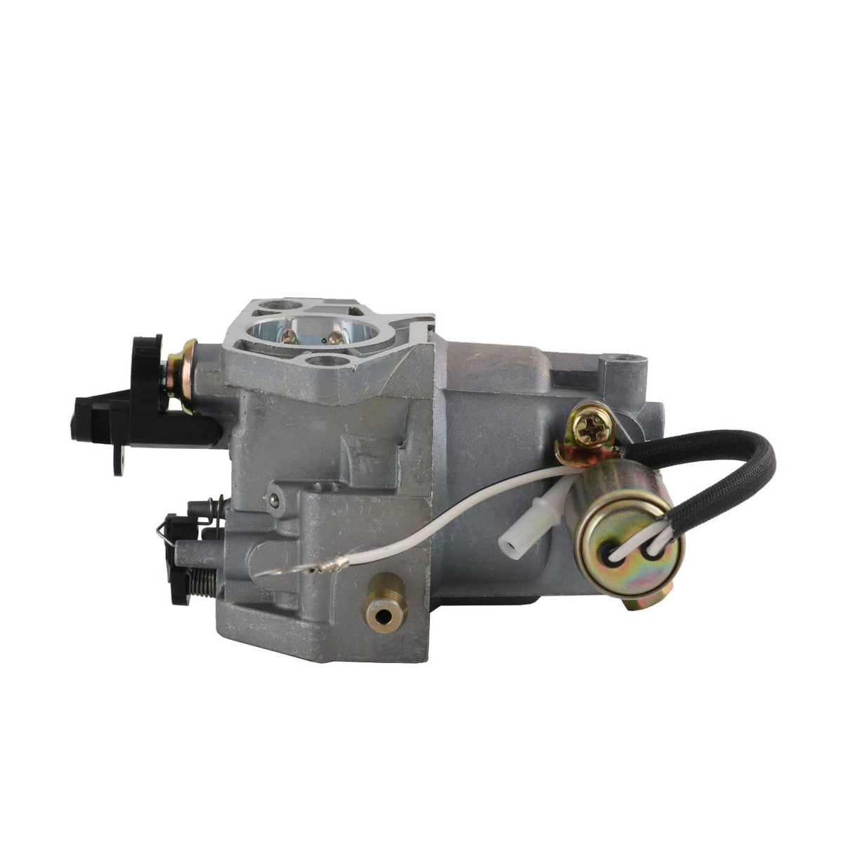 Carburetor assembly with gray housing, fuel fitting, and black inlet connector
