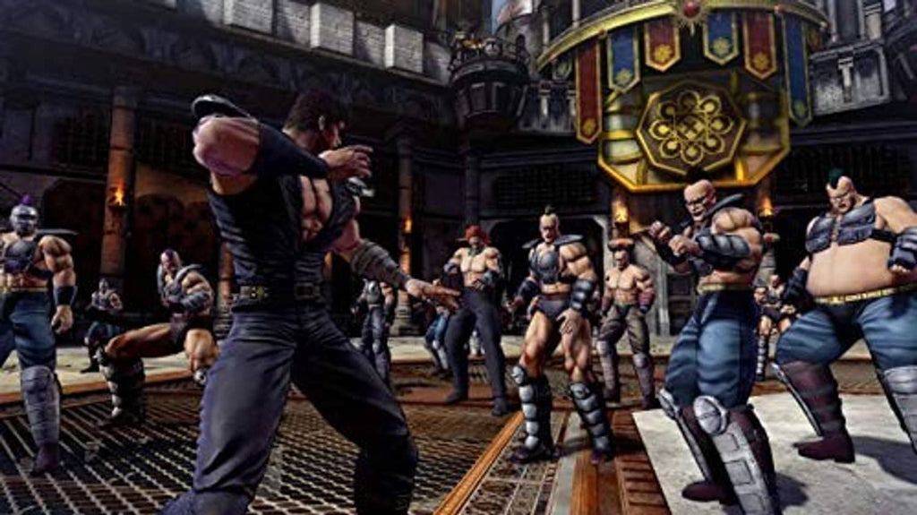 3D fighting gameplay scene with man in dark outfit surrounded by characters
