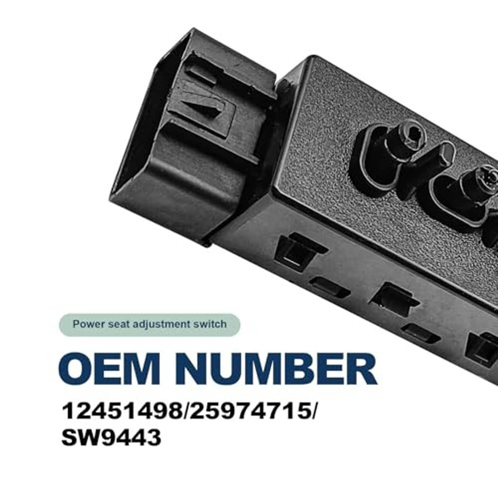 Power seat adjustment switch, black housing with side connector openings and knobs
