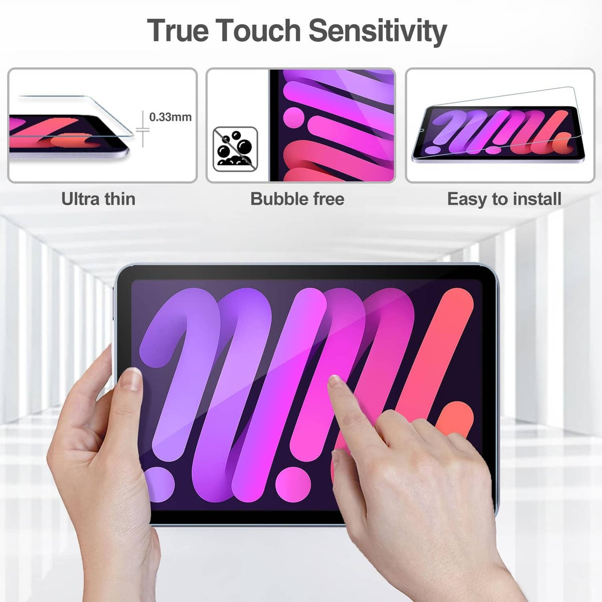 Screen protector installation on iPad Mini with touch-ready, bubble-free fit