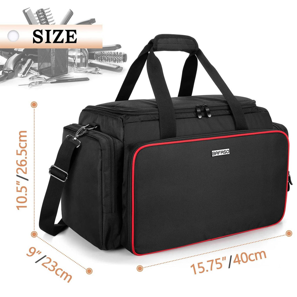 Black large hairdresser tool bag with red-trim edge, padded handles and shoulder strap