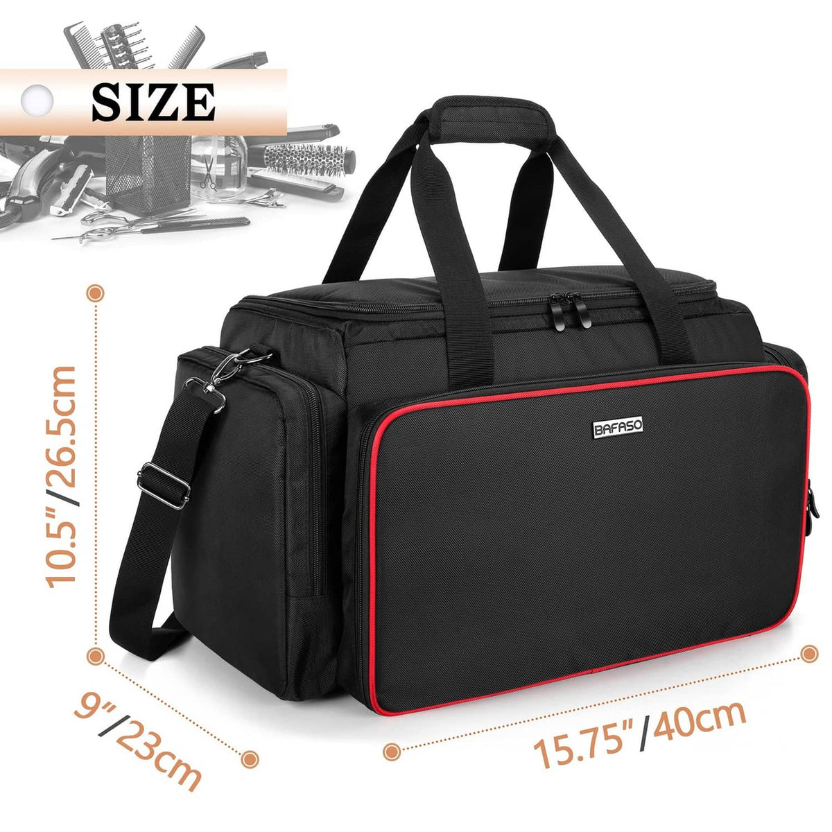 Black large hairdresser tool bag with red-trim edge, padded handles and shoulder strap