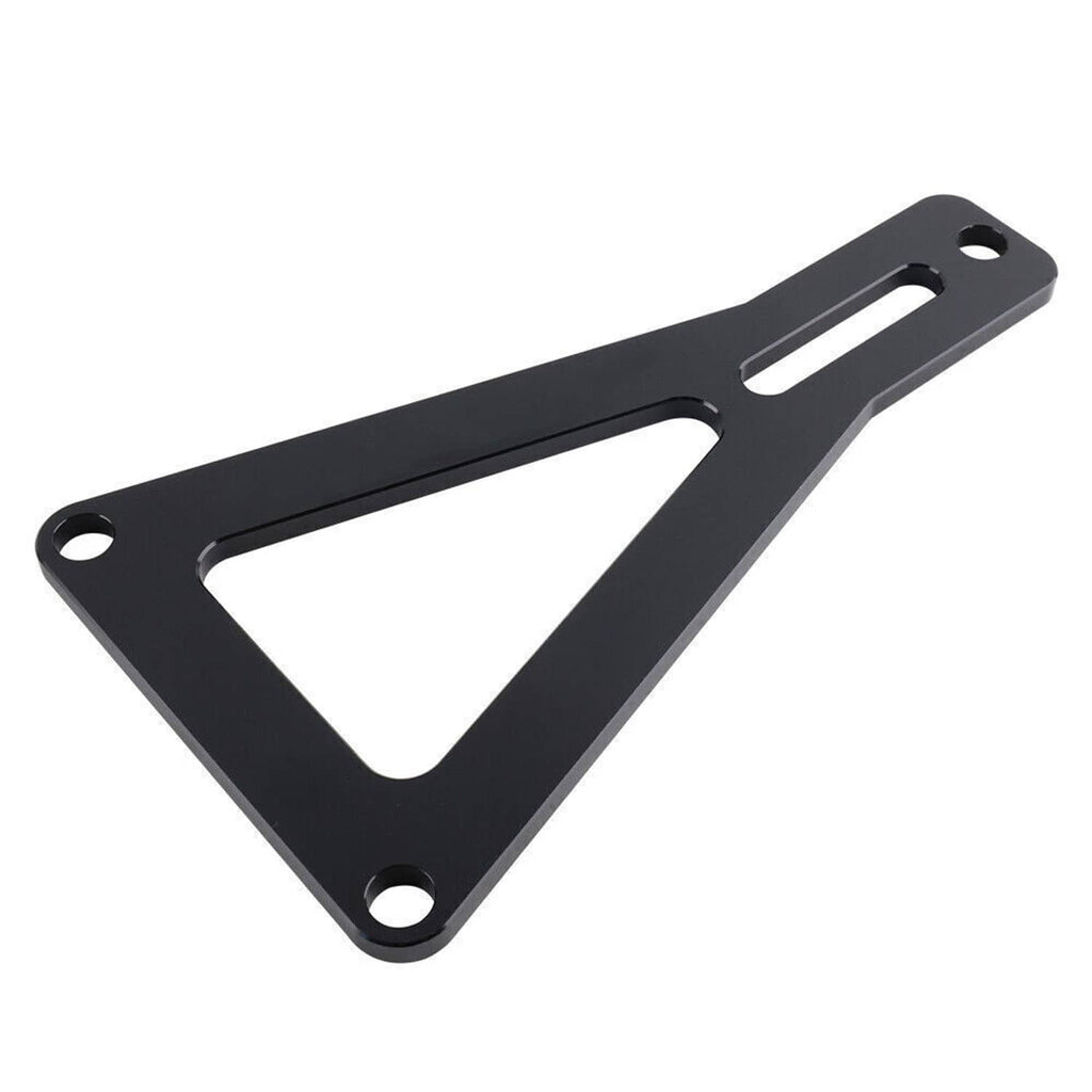 Black aluminum strap-style bracket with oval cutout and mounting holes