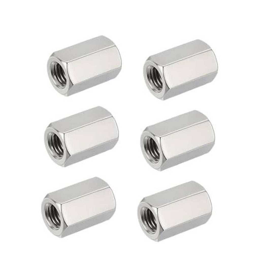 Set of chrome hex coupling nuts with internal threads, compact and ready to fit
