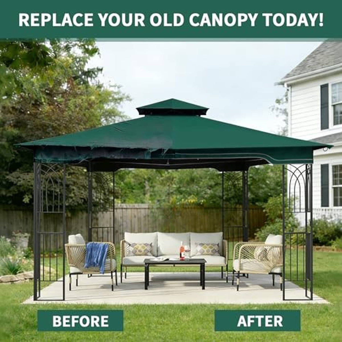 Forest green gazebo canopy replacement on frame, with valance trim and open side panels