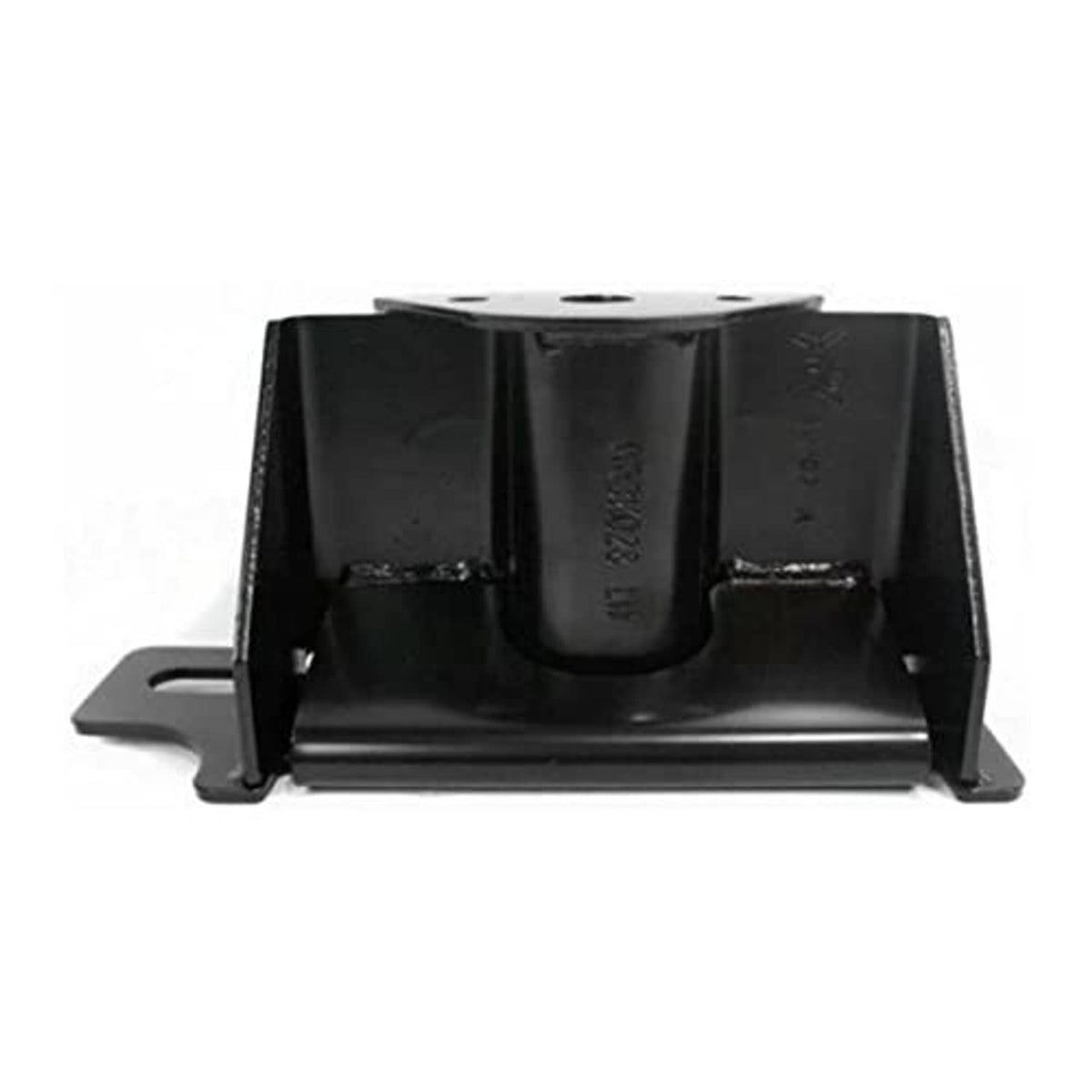Front bumper bracket housing with bolt holes and side tabs, black metal