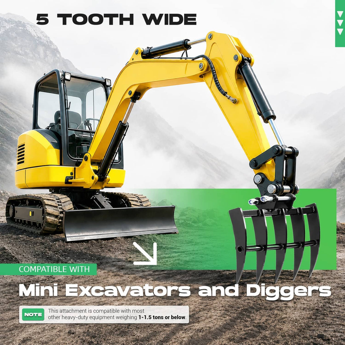 5-tooth wide mini excavator rake attachment with black tines and hardware, separate parts