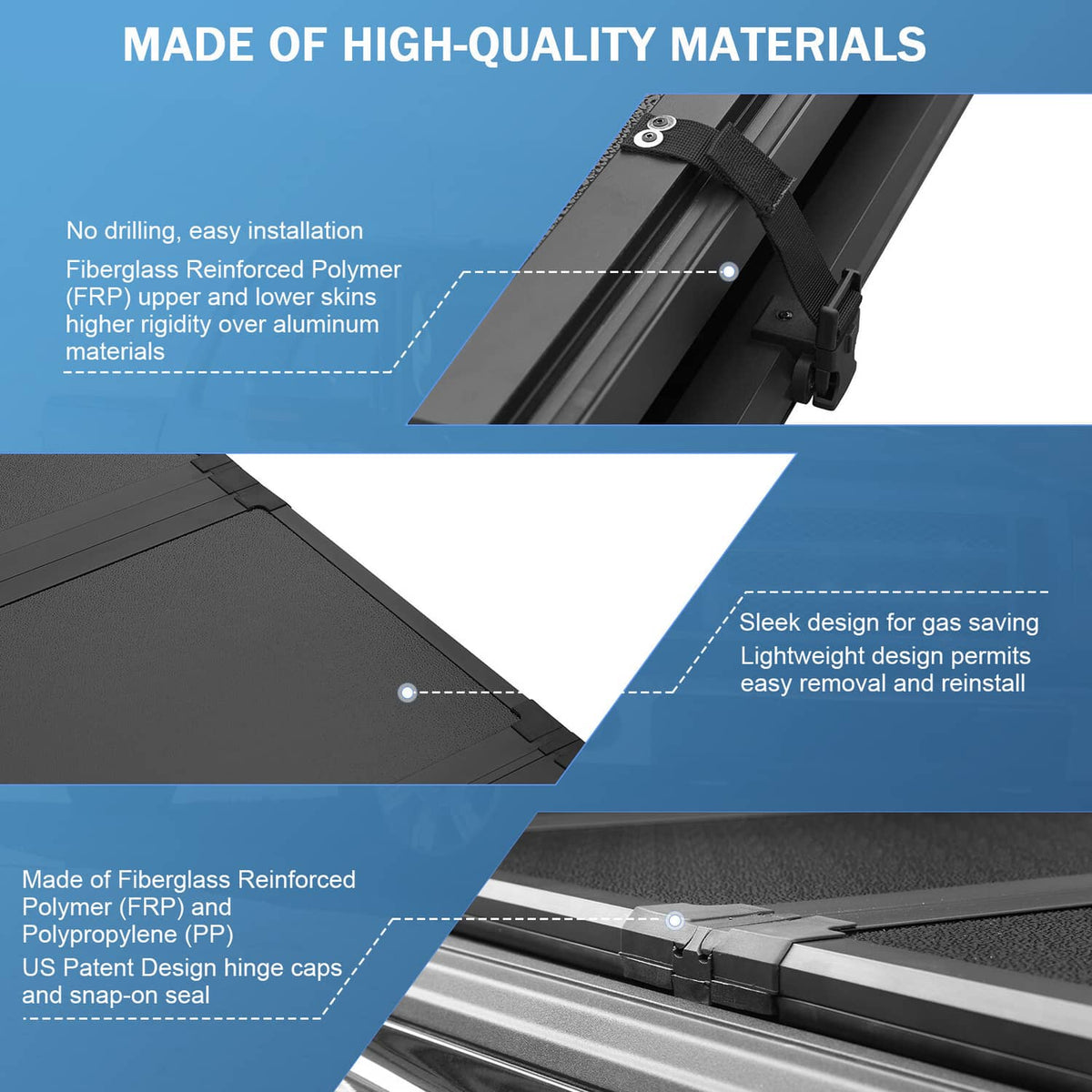 Close-up of tri-fold hard tonneau cover hinge area and panel edge