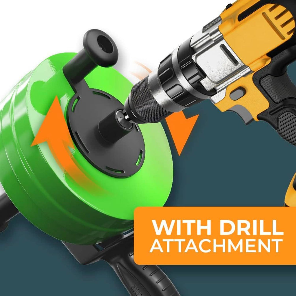 Green drain snake with drill attachment, black adapter and connector components