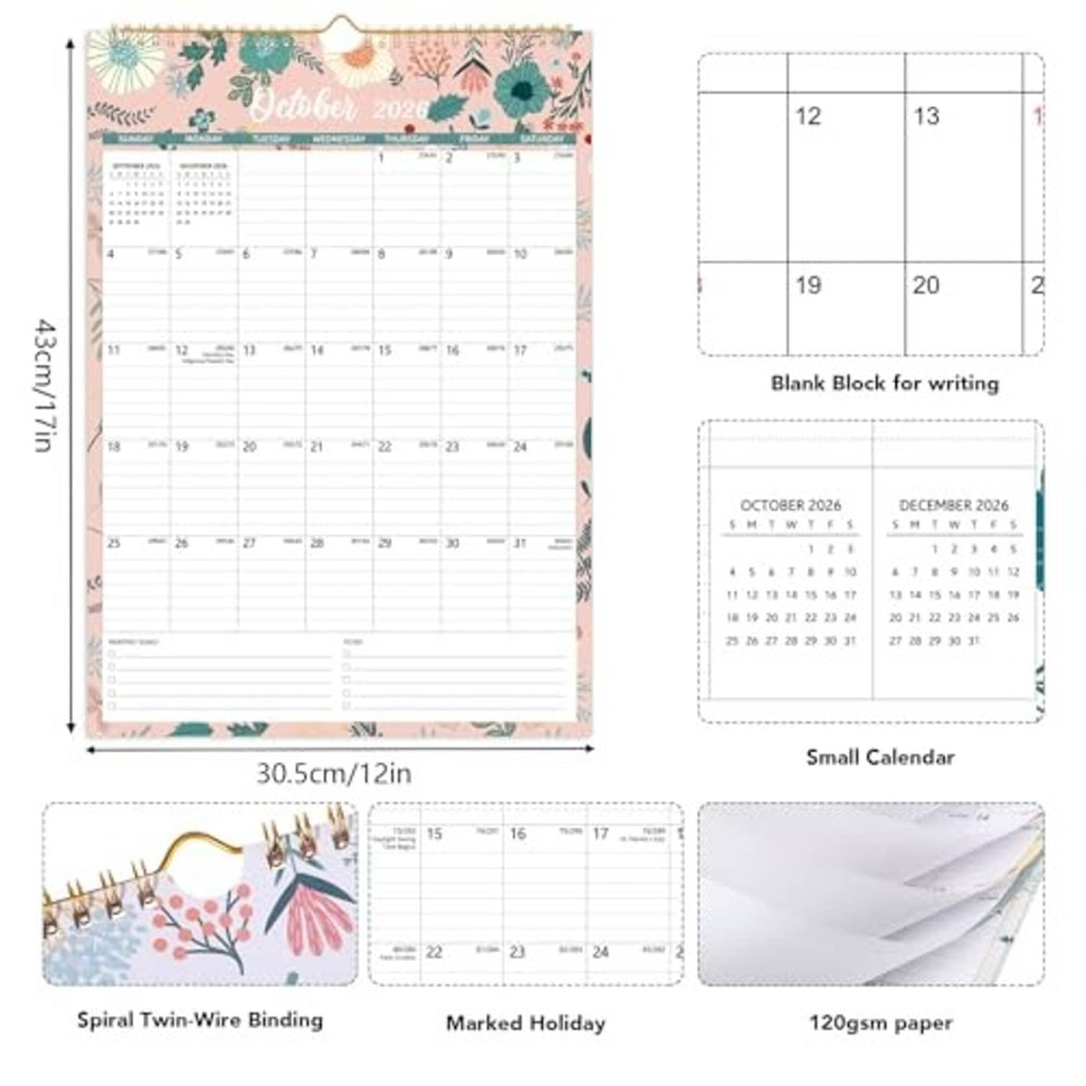 Floral spiral wall calendar with monthly pages and inset calendar design examples