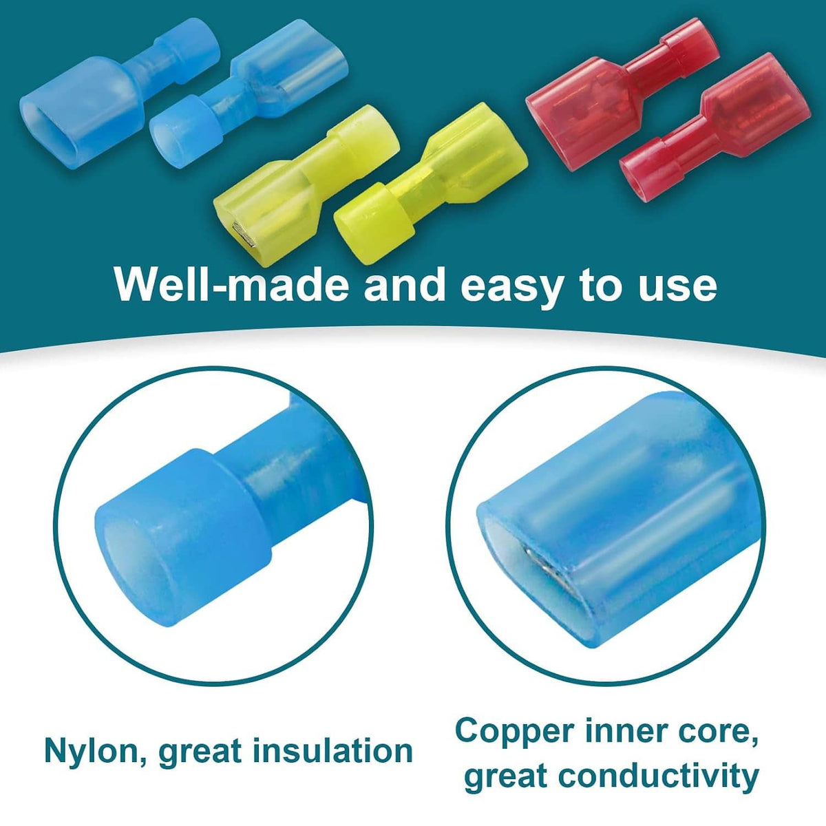 Insulated spade quick disconnect terminals in blue and yellow and red plastic sleeves