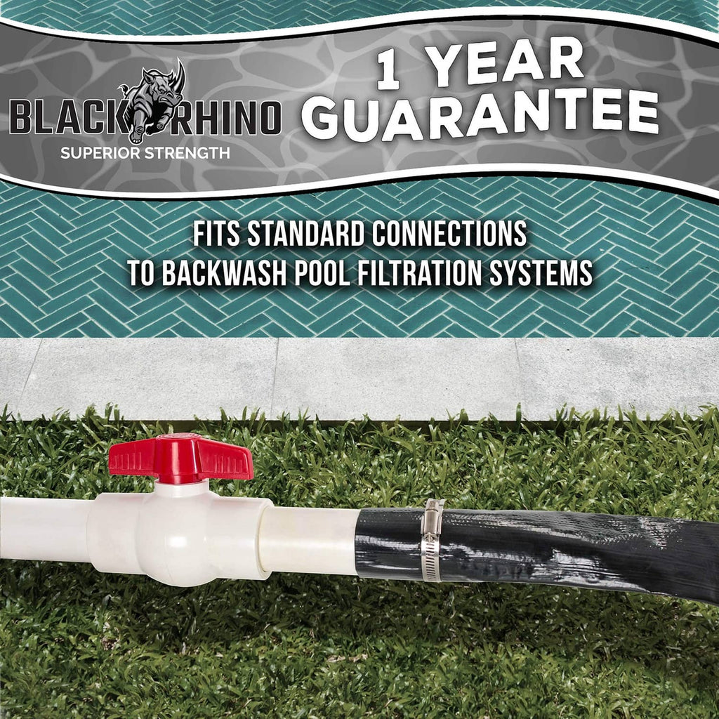 Backwash hose connected to pool fitting with hose clamp and red cap
