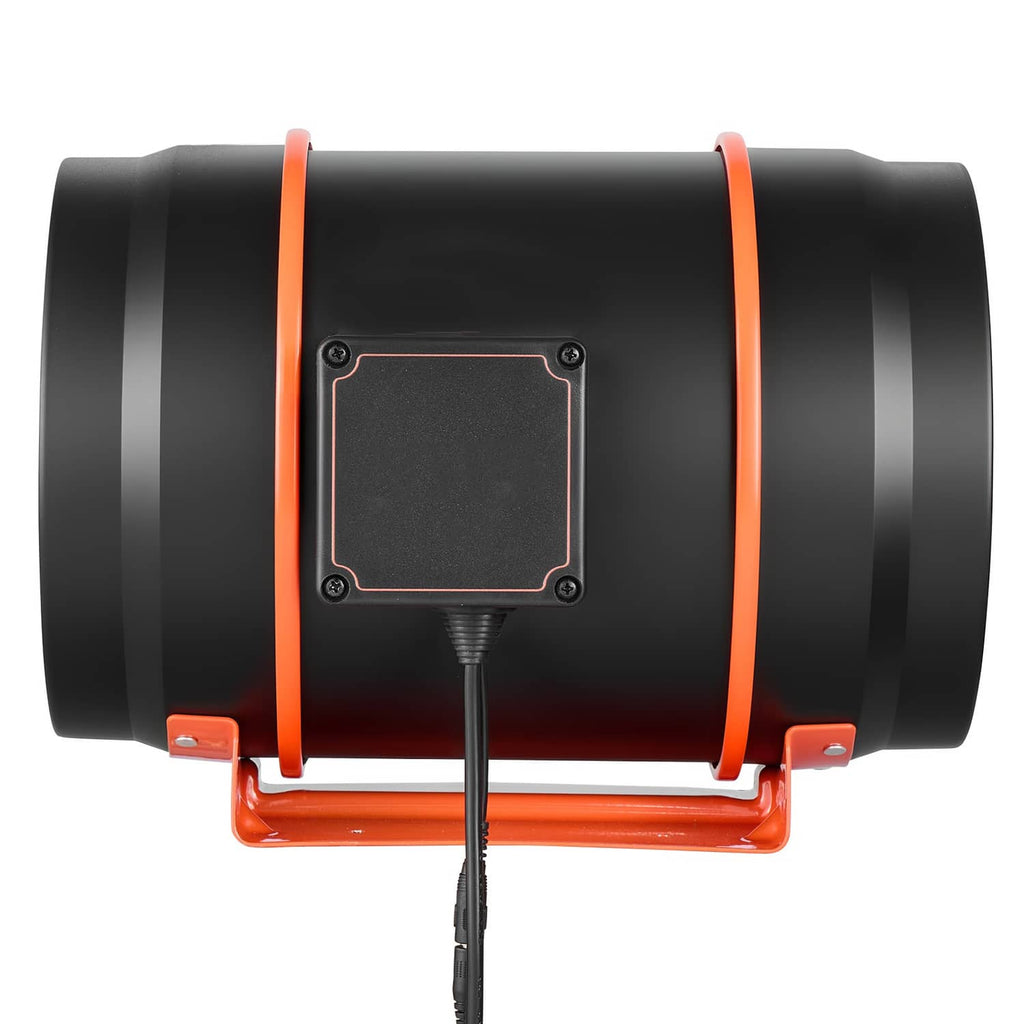 8-inch inline duct fan, black housing with orange ring, front control panel and mounting bracket