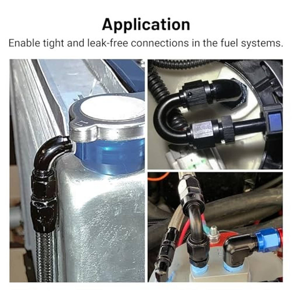 Black 90° AN to 1/8 NPT male elbow fitting connected to a fuel line