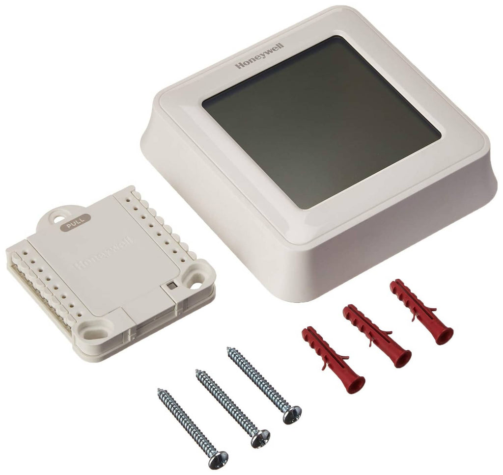 White Honeywell touchscreen thermostat with mounting base and included screws