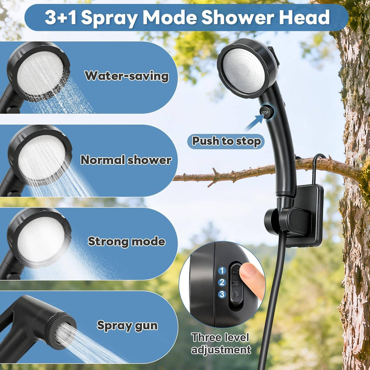 3+1 spray shower head with three-level adjustment and push-to-stop mode dial