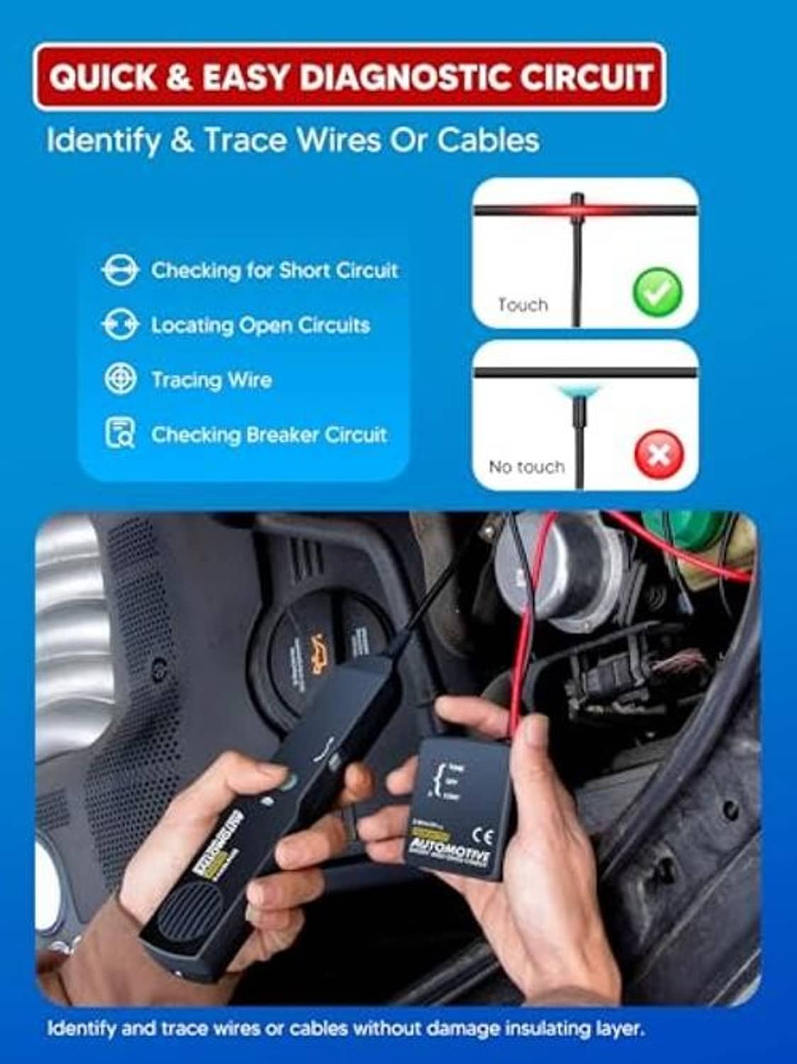Wire and cable tracing circuit tester with handheld unit and touch probe