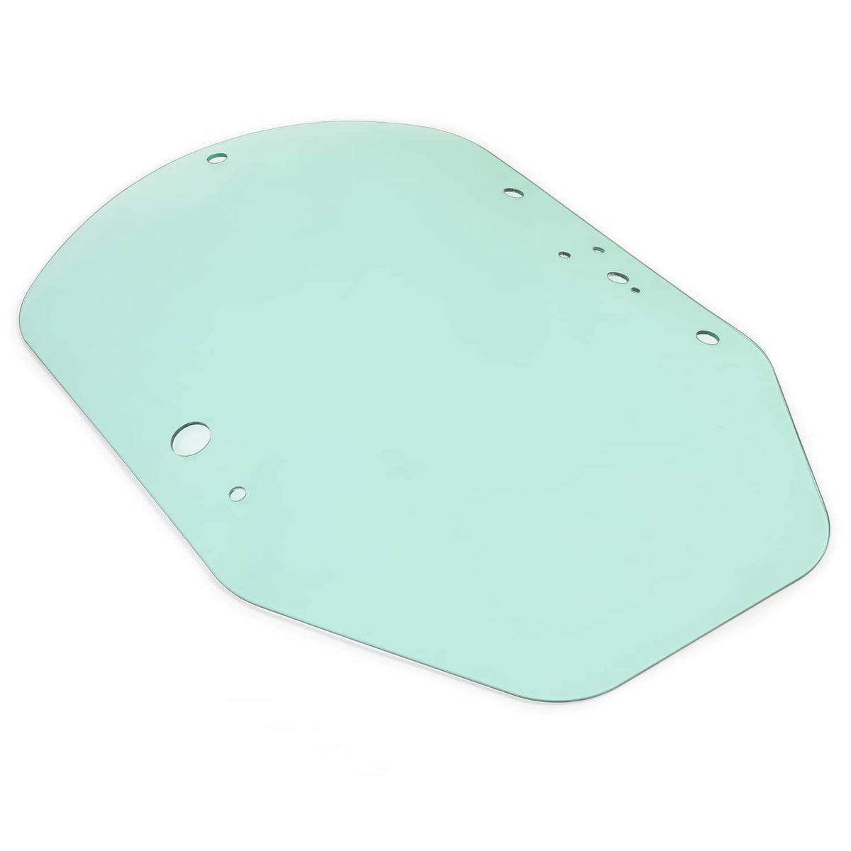 Light green cab door glass plate with round mounting holes and rounded corners
