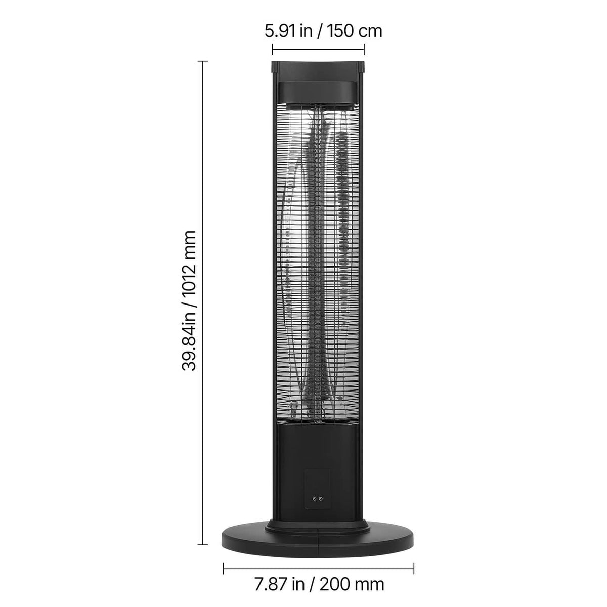 Infrared space heater tower side view with round base and tall heating tube