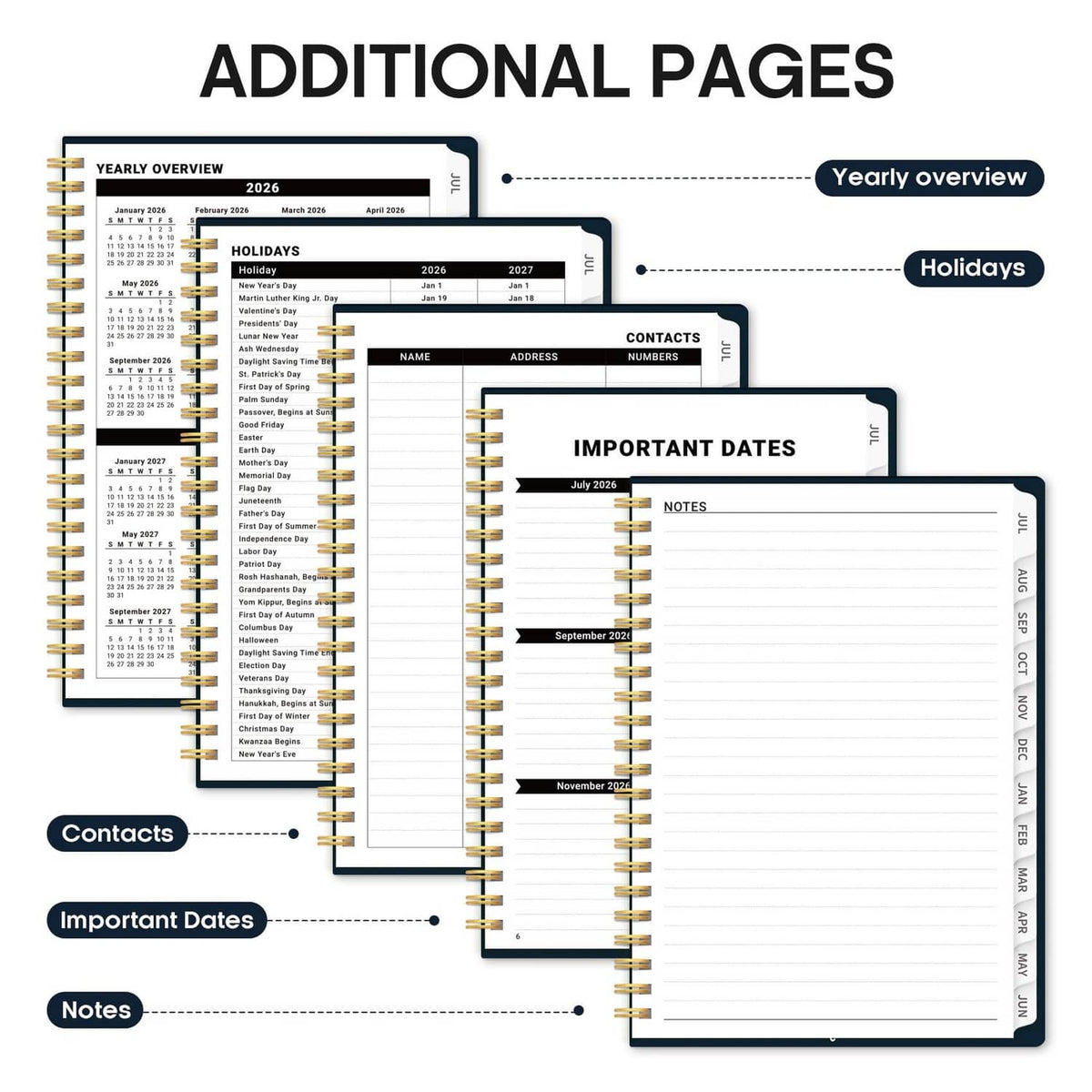 Planner extra pages layout with yearly overview, holidays, contacts, and notes