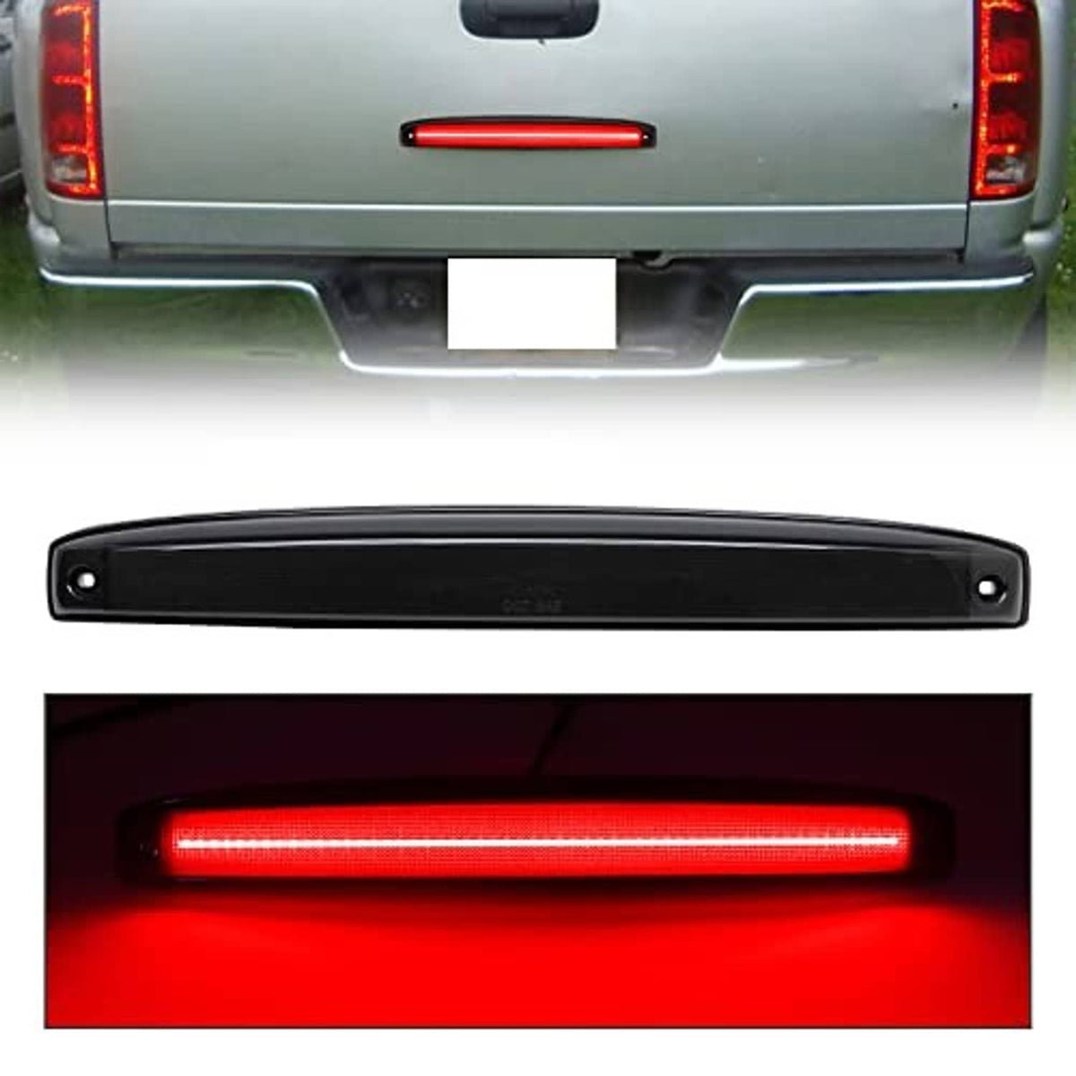 Smoked red LED tailgate light bar glowing with a red light strip, black housing