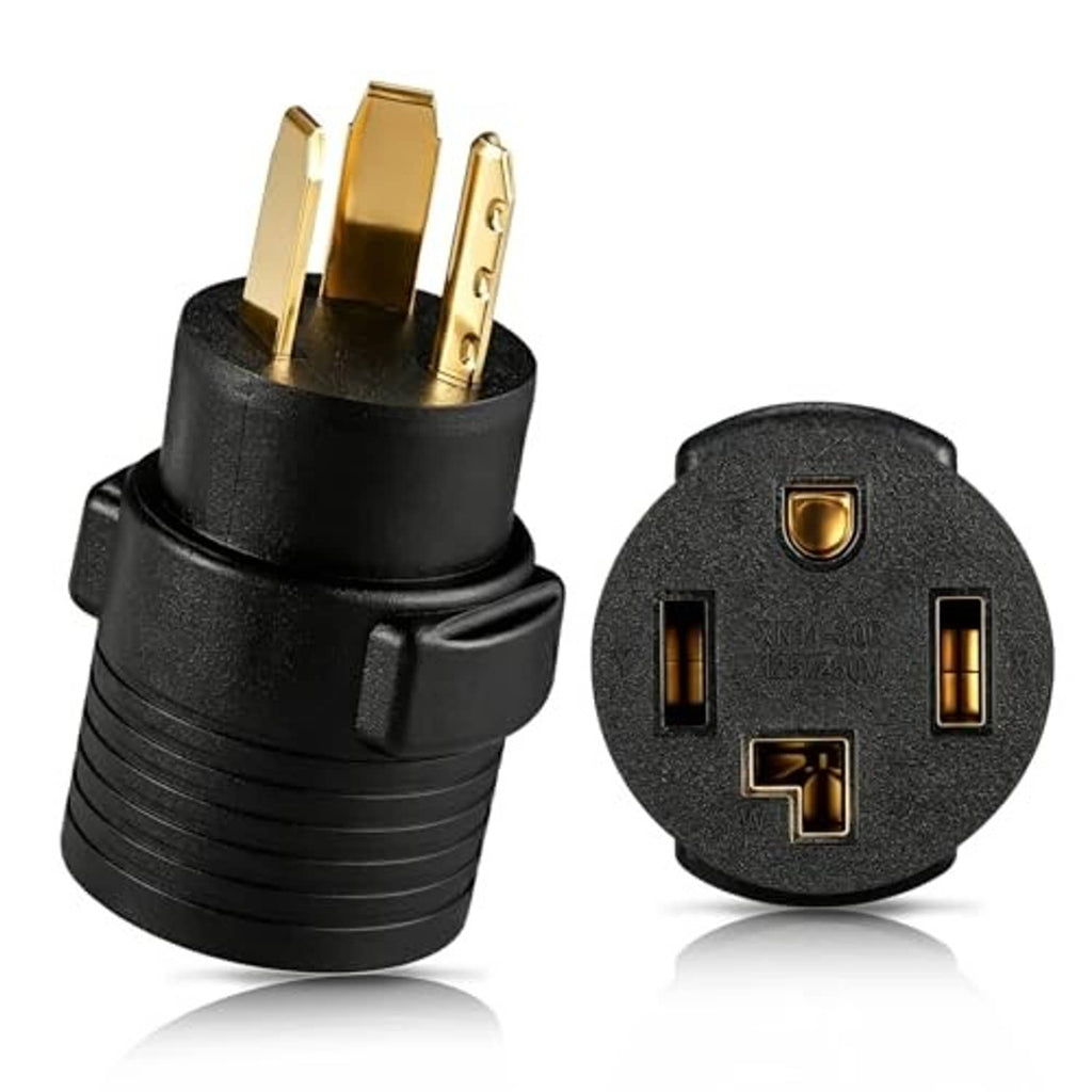 Black dryer adapter showing 3-prong male and 4-prong female connector