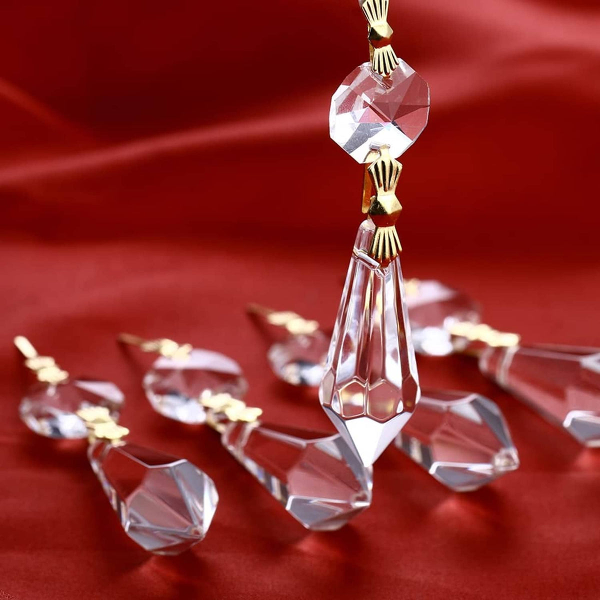 Clear faceted crystal drop connectors with gold caps for hanging