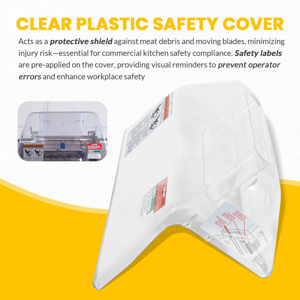 Clear plastic safety cover with printed safety labels, slanted shield design.