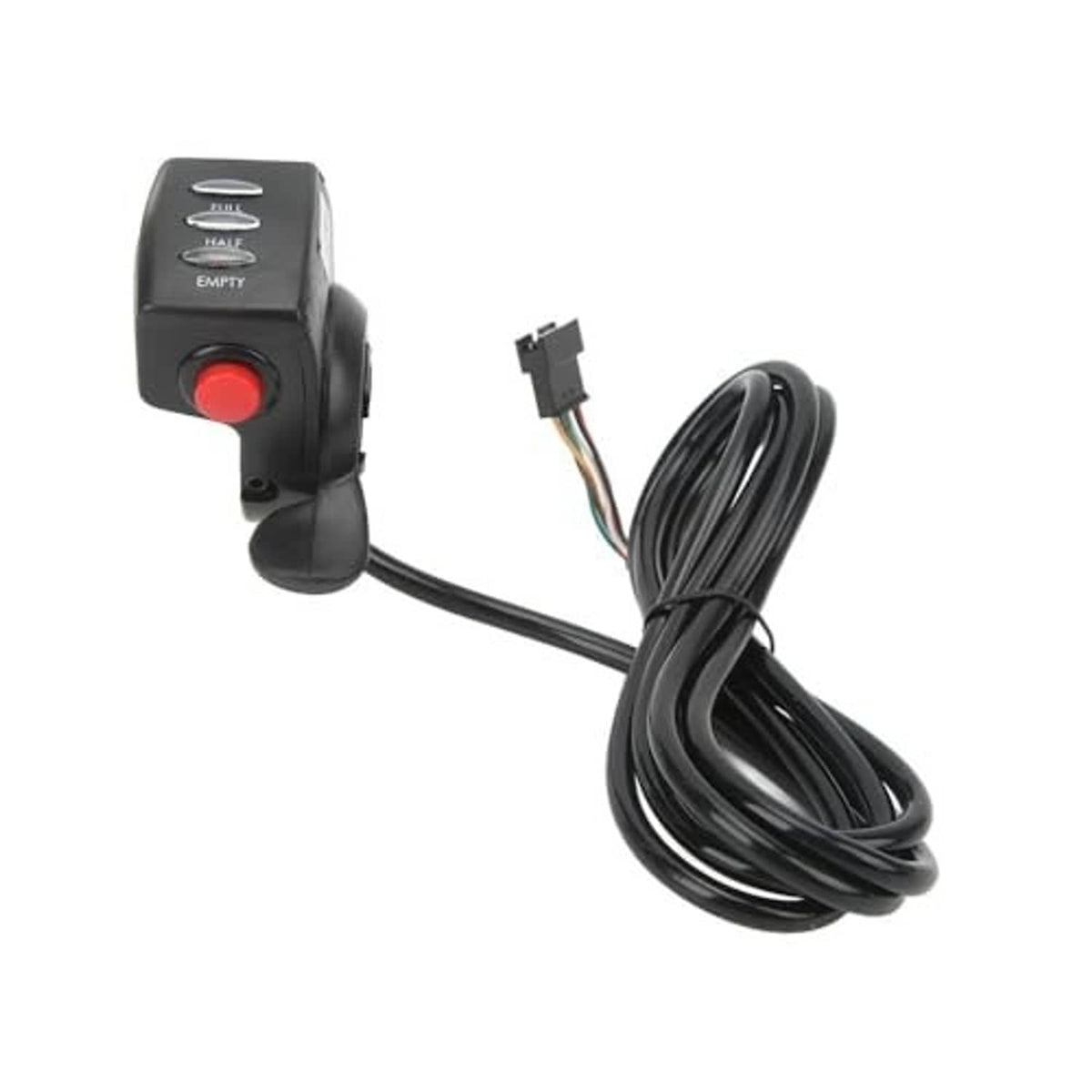 E-bike thumb speed controller with attached wiring harness and multi-pin connector