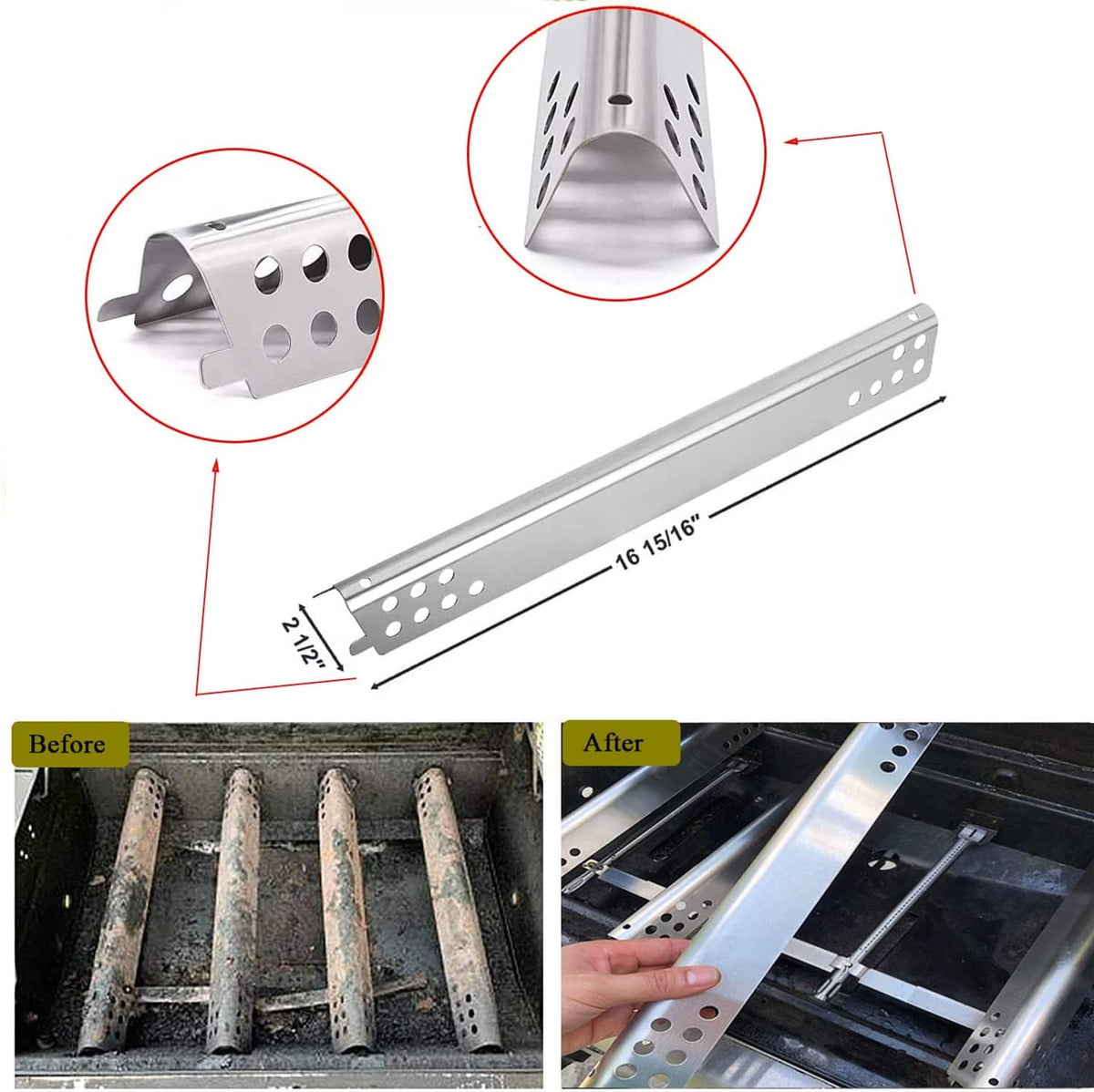 Perforated stainless steel burner tube with mounting brackets for 2-burner grills