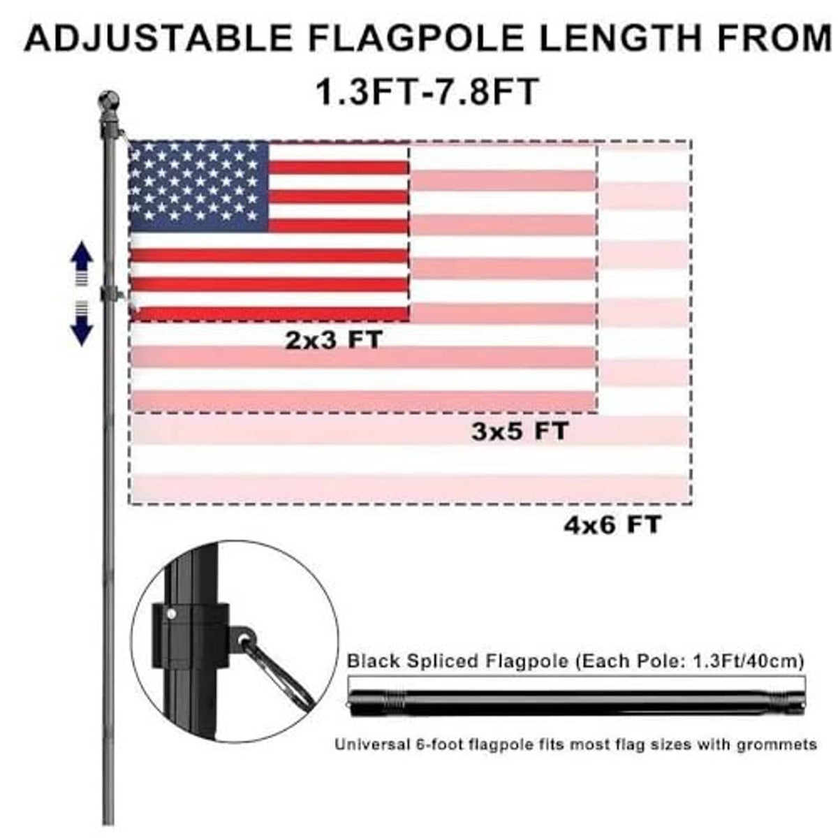 Adjustable black flag pole with telescoping extension sections for different lengths