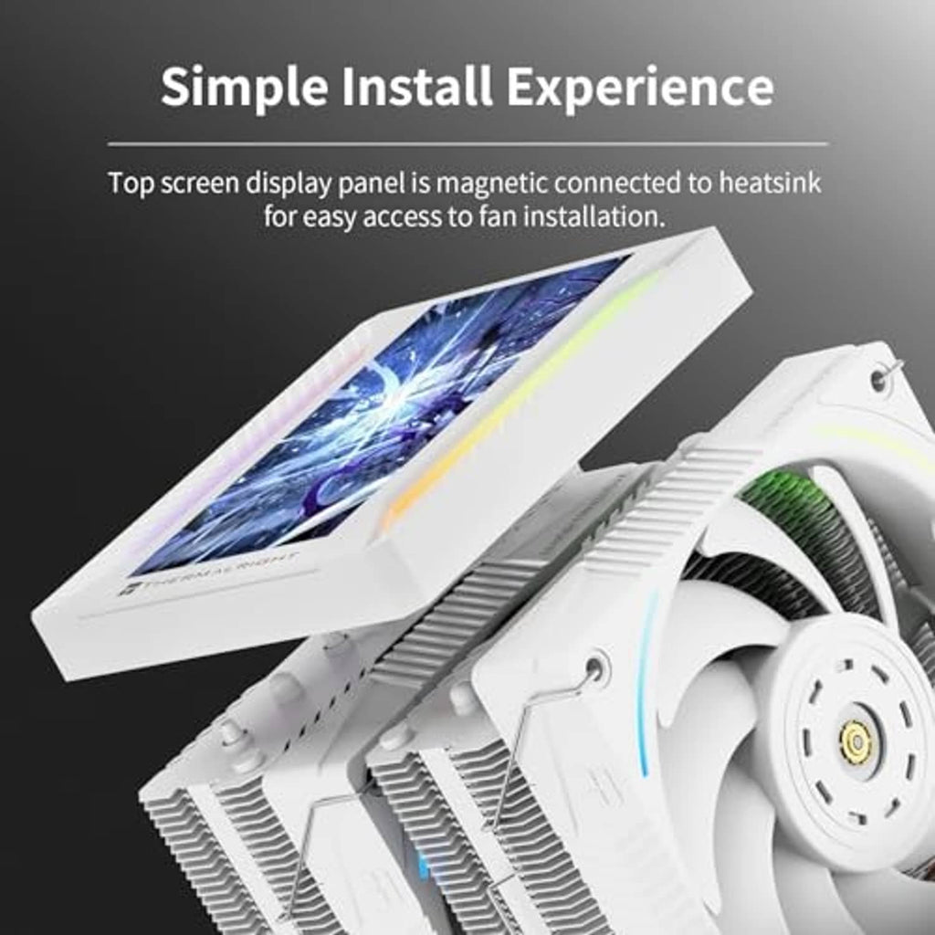 White CPU air cooler angled view with 5-inch top display panel and dual fan shroud